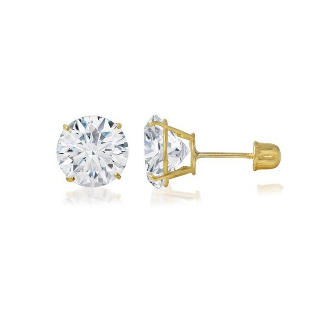 Paris Jewelry Genuine 14k Yellow Gold Round White Sapphire Stud Earrings Screw Back (6MM) Plated Image 1