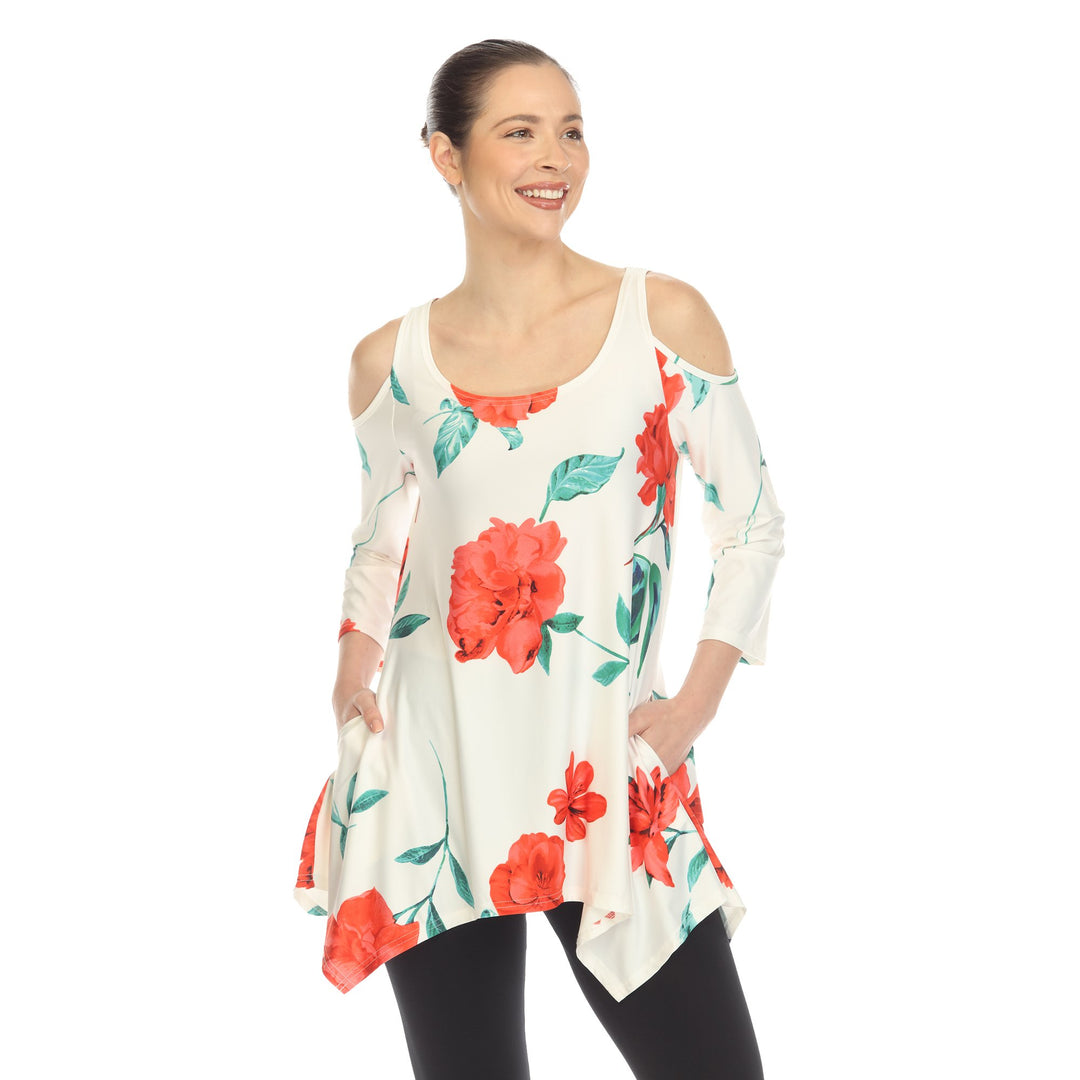 White Mark Womens Floral Cold Shoulder Tunic Top with Pockets Size S-3X Image 4