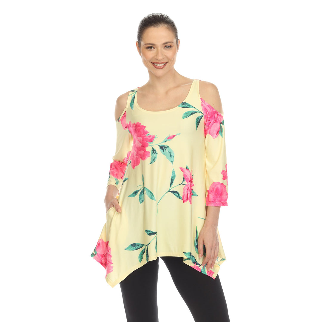 White Mark Womens Floral Cold Shoulder Tunic Top with Pockets Size S-3X Image 1