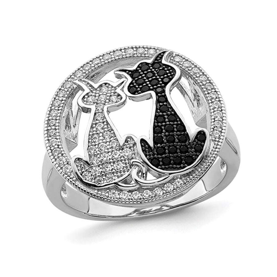 Sterling Silver Black and White Micro-Pave Synthetic Cubic Zirconia (CZ) Cat Ring Image 1