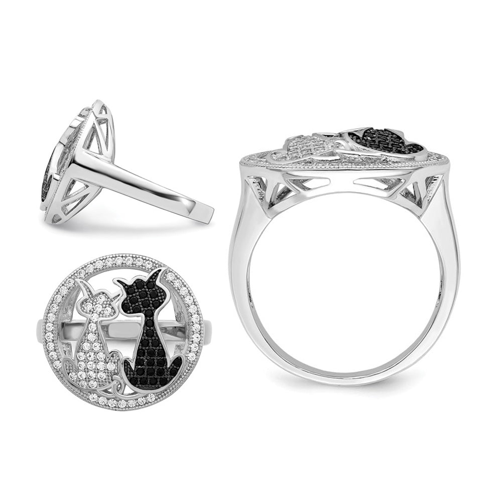 Sterling Silver Black and White Micro-Pave Synthetic Cubic Zirconia (CZ) Cat Ring Image 2