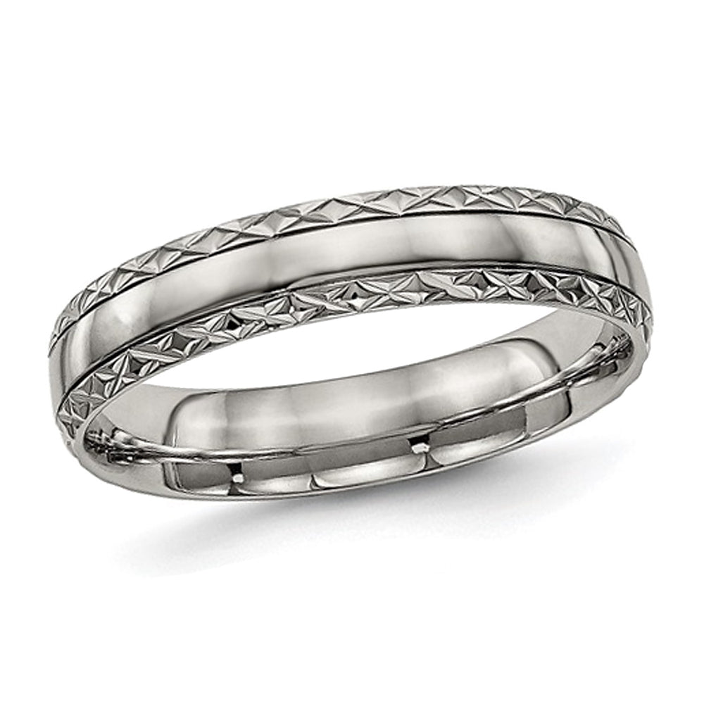 Ladies or Mens Titanium Polished Criss-Cross Grooved Band Ring (5mm) Image 1