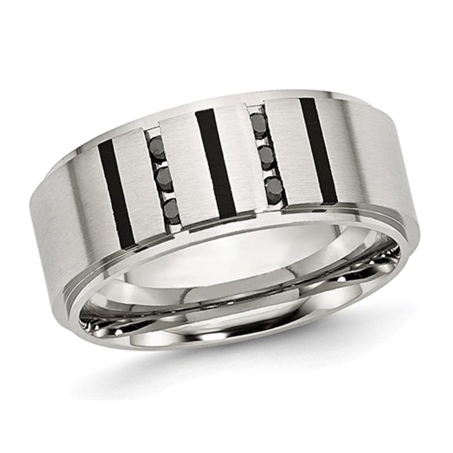 Mens Stainless Steel Brushed Band Ring with Black Diamonds (9mm) Image 1