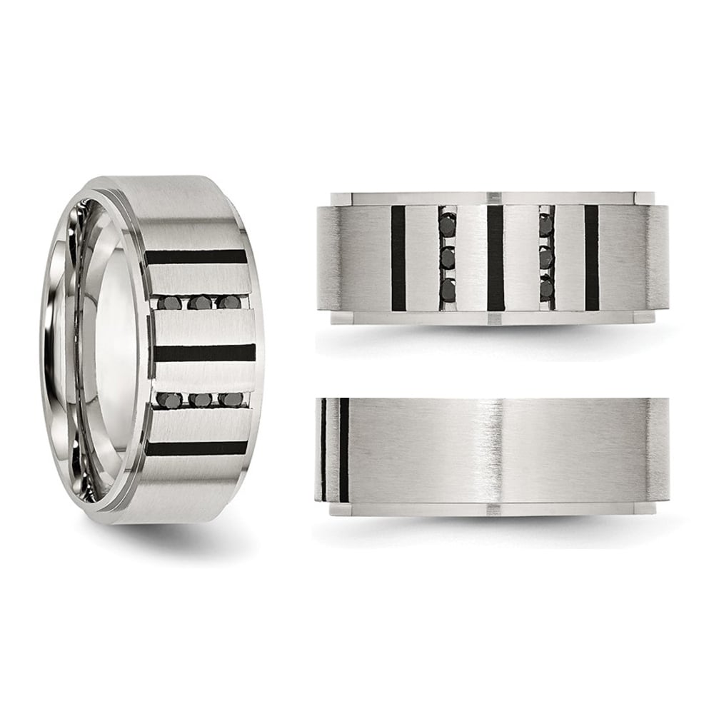 Mens Stainless Steel Brushed Band Ring with Black Diamonds (9mm) Image 4