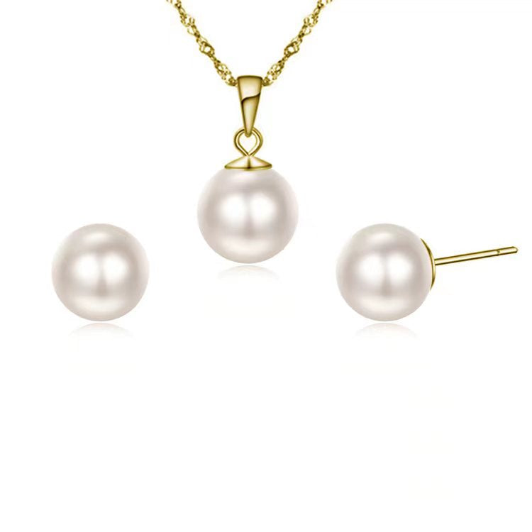 18K Yellow Gold White Pearl 3 Ct Stud Necklace And Earrings Set Plated Image 1