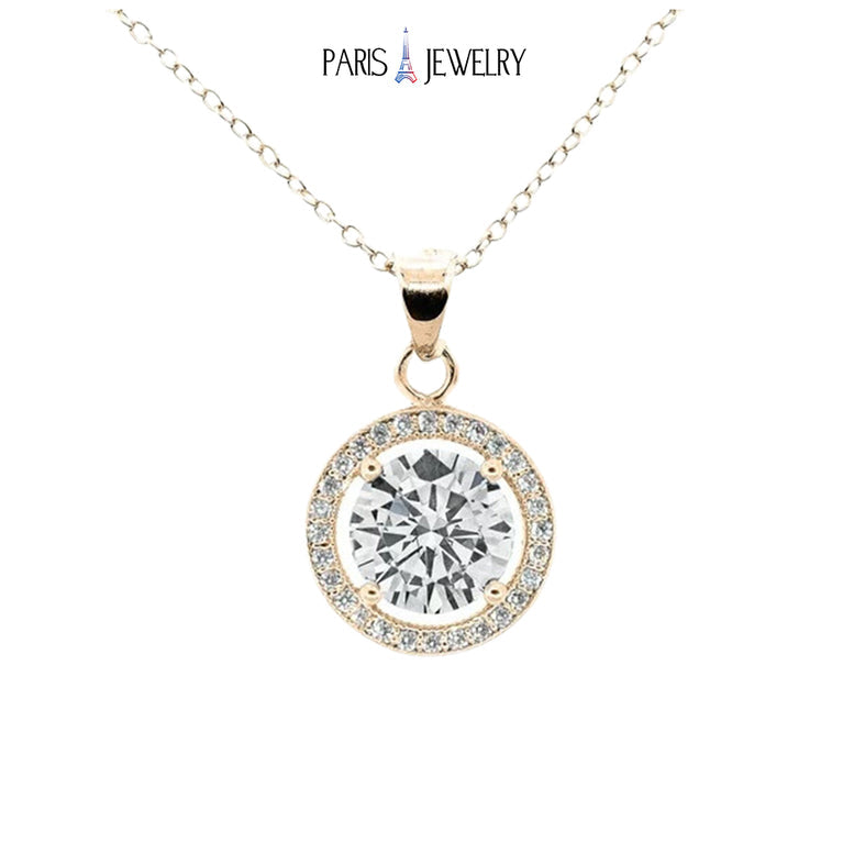 Paris Jewelry 18K Yellow Gold Created White Sapphire 1, 2, 3 And 4Ct Halo Round Pendant Necklace Plated Image 1