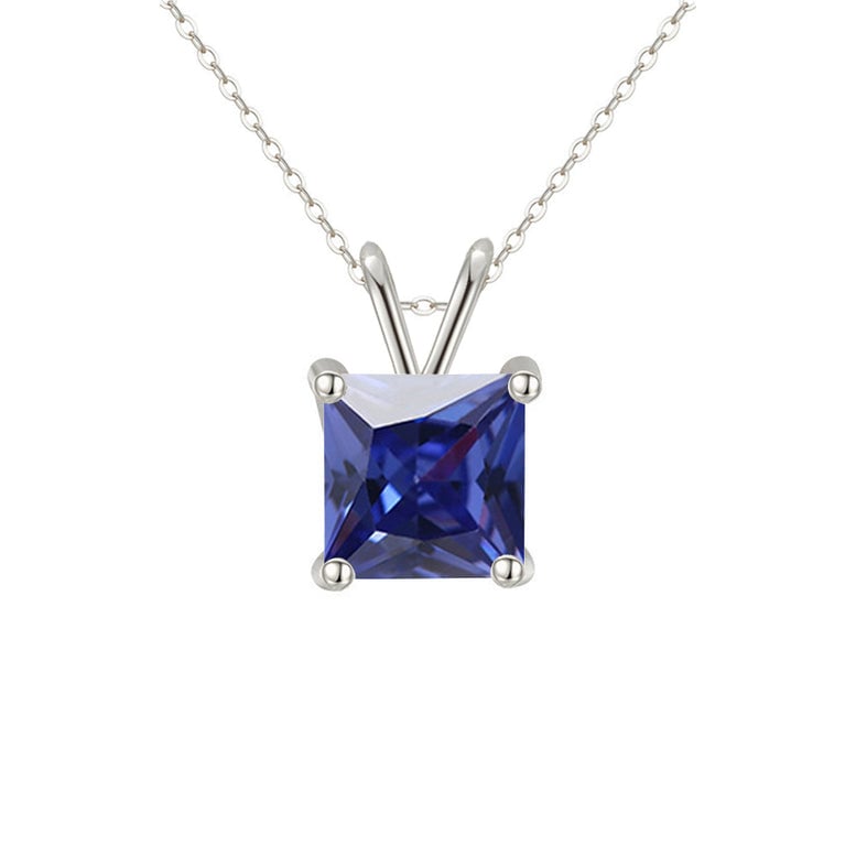 18K White Gold 1/2 Carat Created Blue Sapphire Princess Stud Necklace Plated 18 Inch Image 1