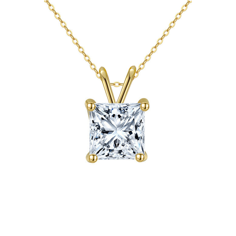 18K Yellow Gold 2 Carat Created Cubic Zirconia Princess Stud Necklace Plated 18 Inch Image 1