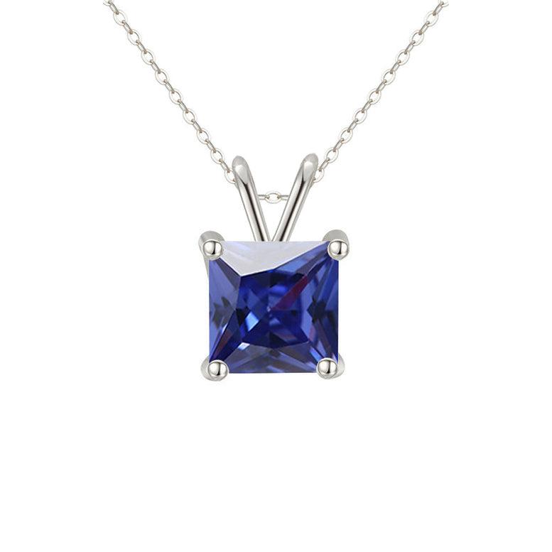 18K White Gold 2 Carat Created Blue Sapphire Princess Stud Necklace Plated 18 Inch Image 1