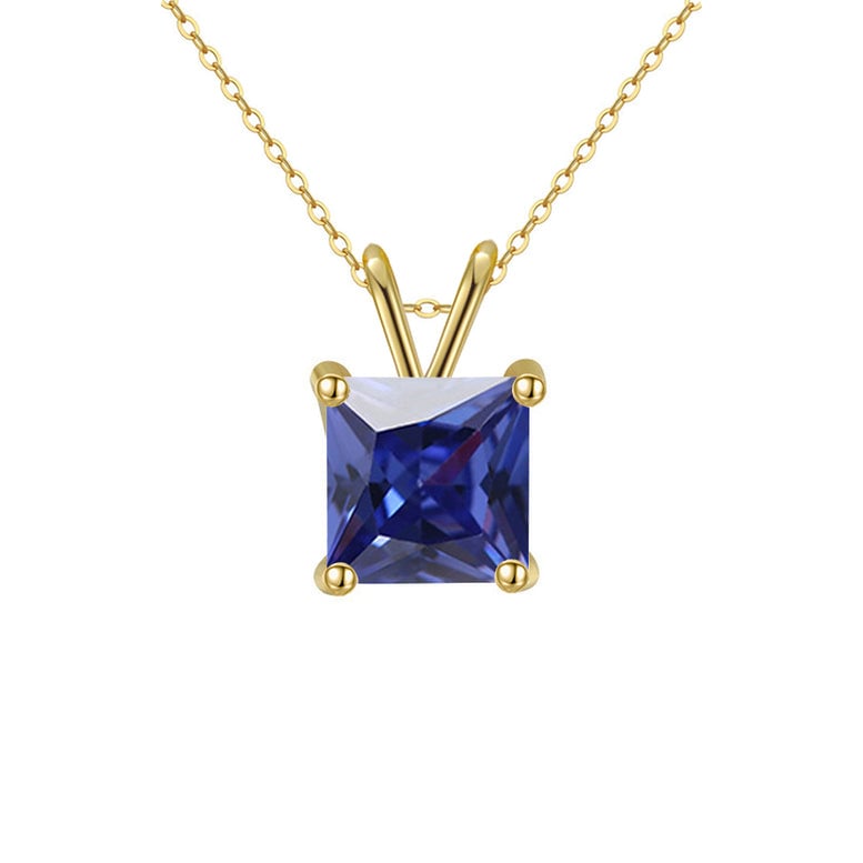 18K Yellow Gold 1 Carat Created Blue Sapphire Princess Stud Necklace Plated 18 Inch Image 1