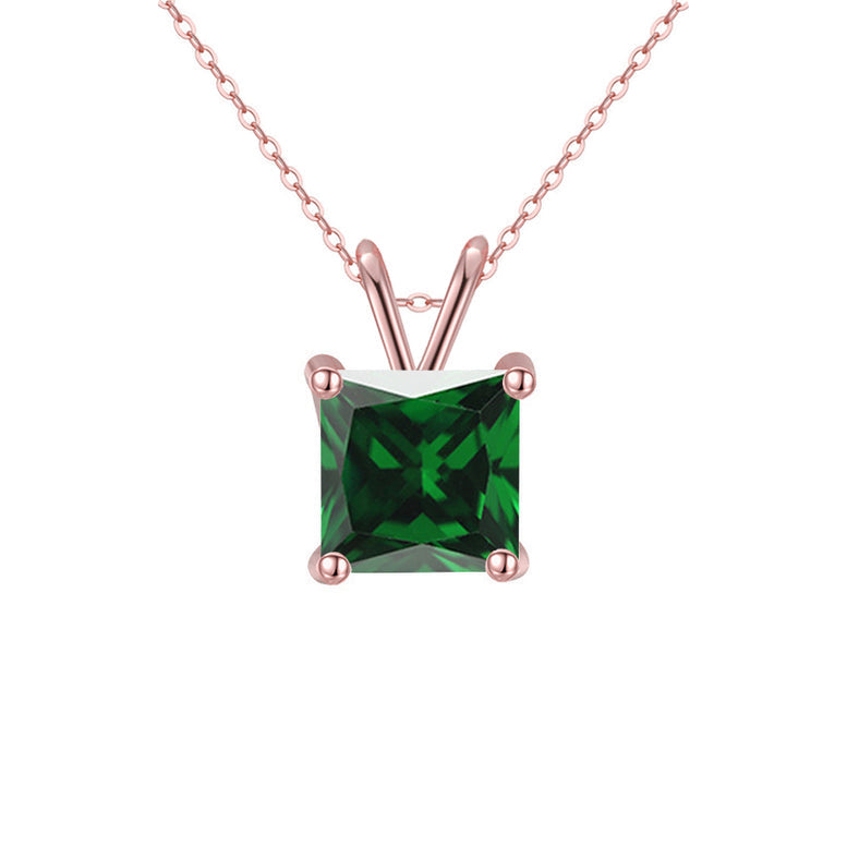 18K Rose Gold Princess Emerald Created Sapphire 2CT CZ Necklace 18 Inch Plated Image 1