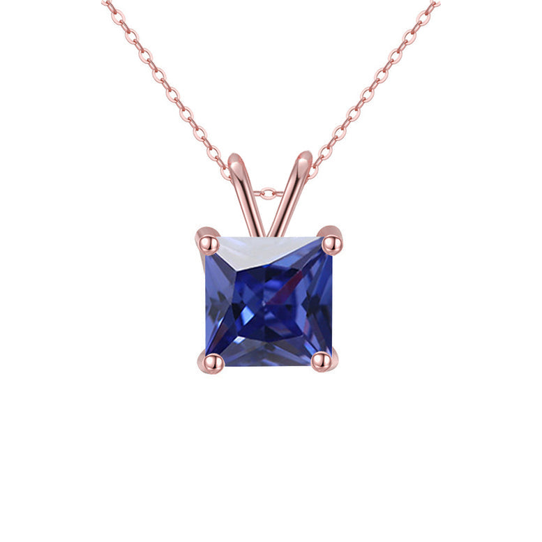 18K Rose Gold Princess Created Blue Sapphire 2CT CZ Necklace 18 Inch Plated Image 1