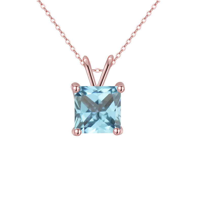 18K Rose Gold 2 Carat Created Aquamarine Princess Stud Necklace Plated 18 Inch Image 1