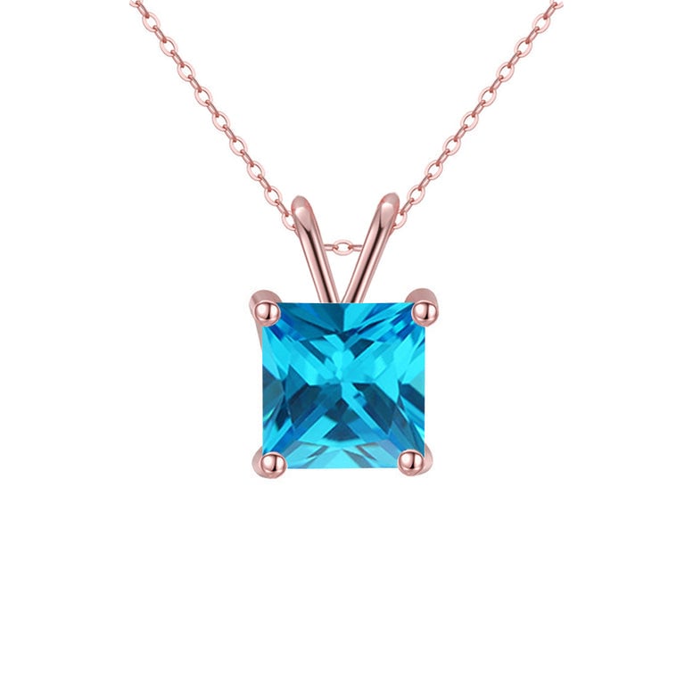 18K Rose Gold 2 Carat Created Blue Topaz Princess Stud Necklace Plated 18 Inch Image 1