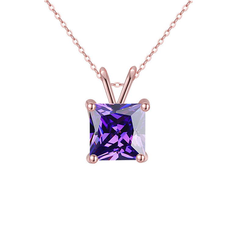18K Rose Gold 2 Carat Created Amethyst Princess Stud Necklace Plated 18 Inch Image 1