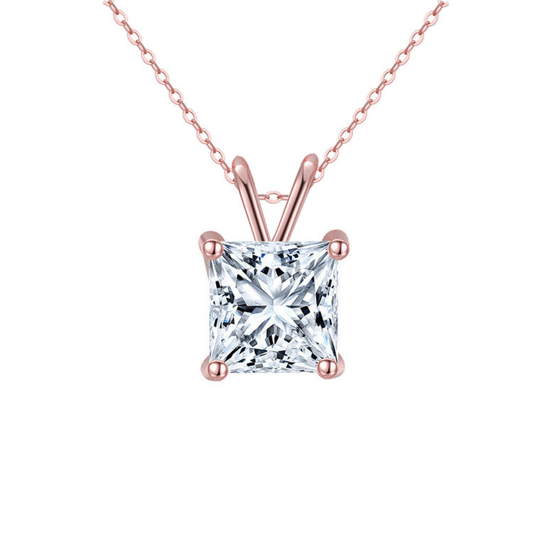 18K Rose Gold 2 Carat Created White Sapphire Princess Stud Necklace Plated 18 Inch Image 1