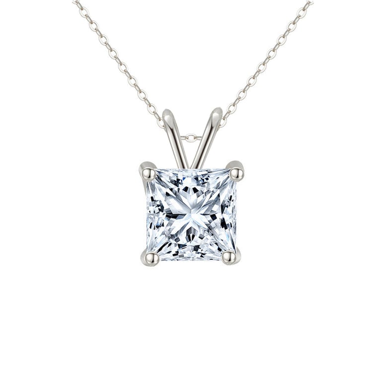 18K White Gold 2 Carat Created Cubic Zirconia Princess Stud Necklace Plated 18 Inch Image 1