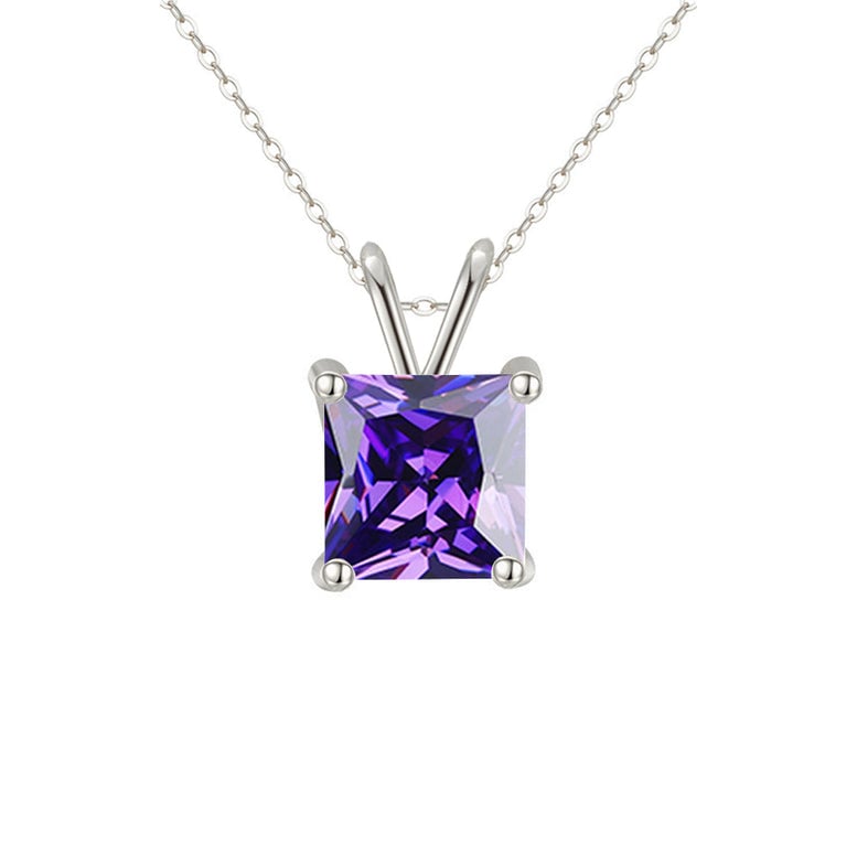 18K White Gold 1 Carat Created Amethyst Princess Stud Necklace Plated 18 Inch Image 1