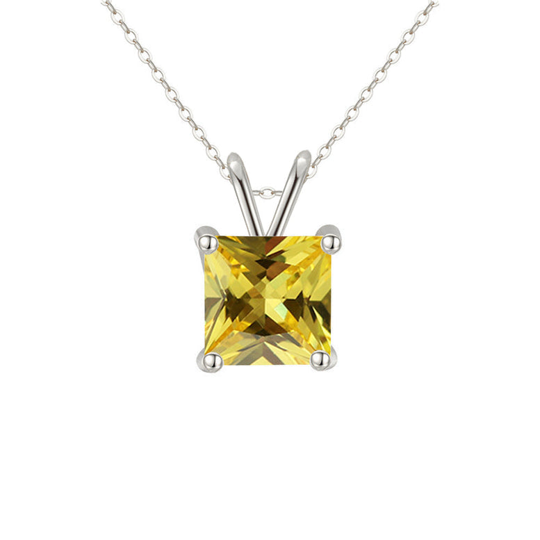 18K White Gold 2 Carat Created Citrine Princess Stud Necklace Plated 18 Inch Image 1