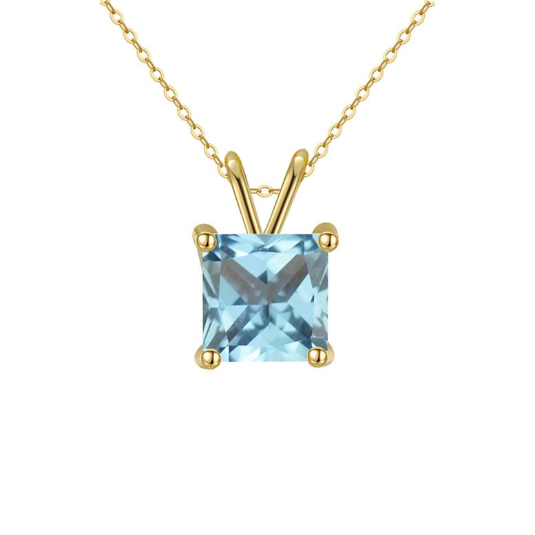 18K Yellow Gold 1 Carat Created Aquamarine Princess Stud Necklace Plated 18 Inch Image 1