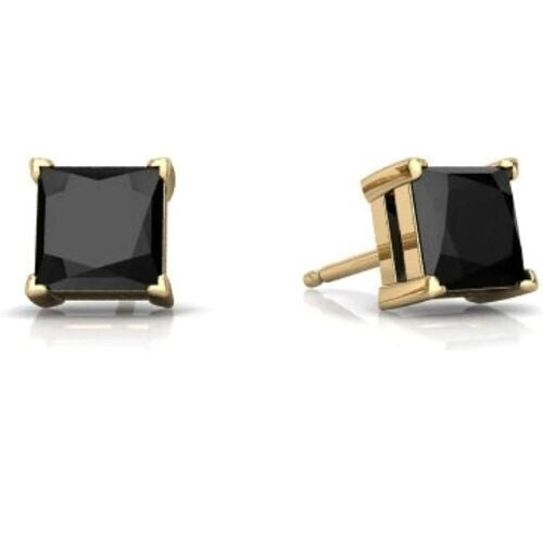 24k Yellow Gold Plated 2 Cttw Black Sapphire Princess Cut Stud Earrings Image 1