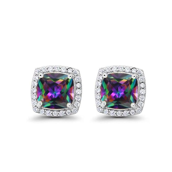 14k White Gold Plated 2 Ct Created Halo Princess Cut Mystic Topaz Stud Earrings Image 1