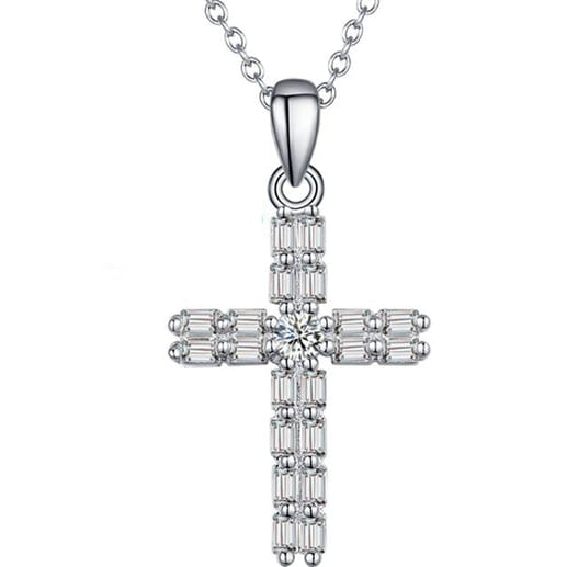 18K White Gold Cross Created White Sapphire Round Cut 1CT CZ Necklace 18 Inch Plated Image 1
