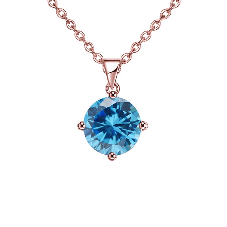 18K Rose Gold 1 Carat Created Blue Topaz Round Stud Necklace Plated 18 Inch Image 1