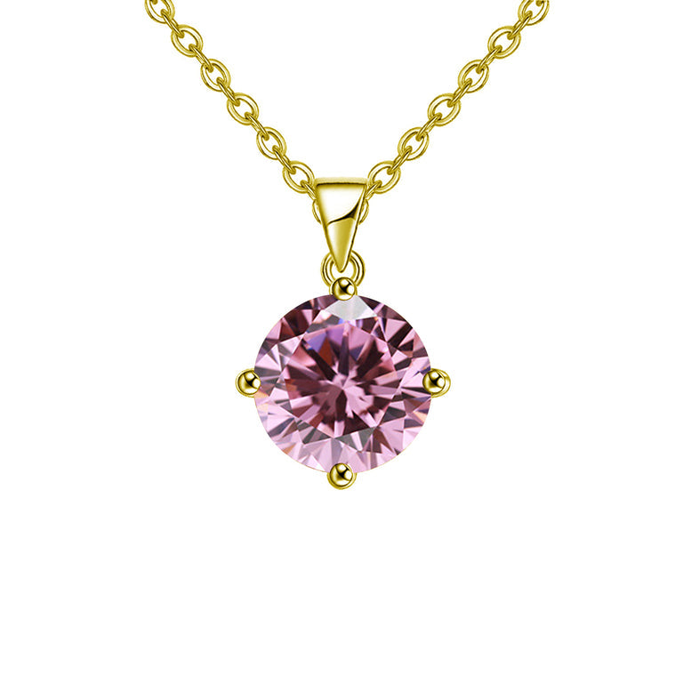 18k Yellow Gold 2 Carat Created Pink Sapphire Round Stud Necklace Plated 18 Inch Image 1