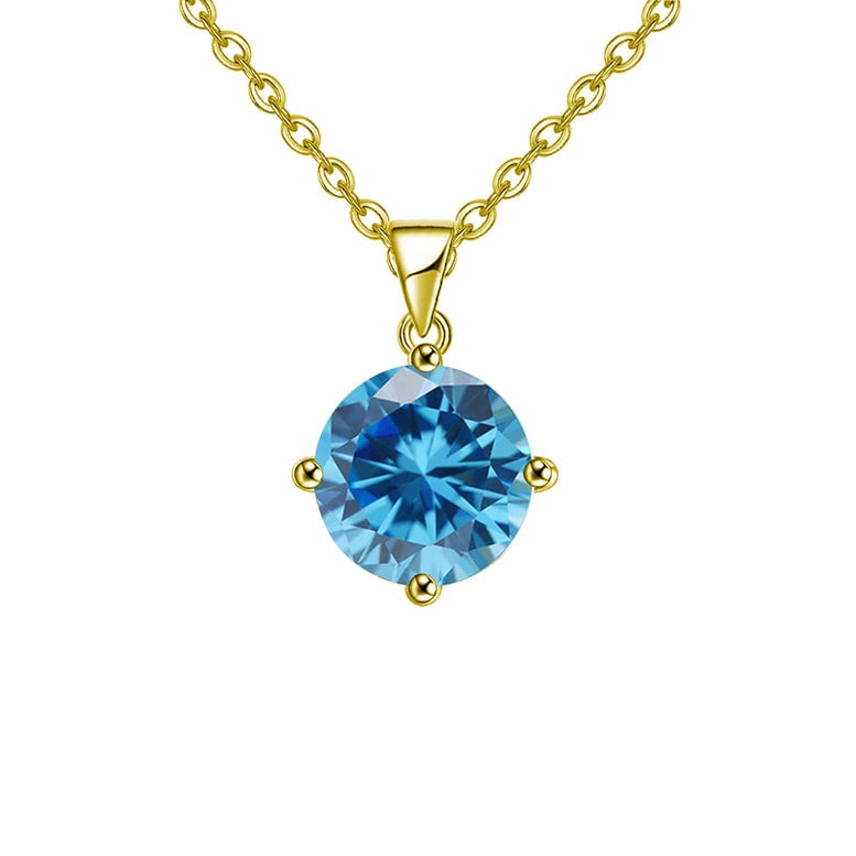 18k Yellow Gold 2 Carat Created Blue Topaz Round Stud Necklace Plated 18 Inch Image 1