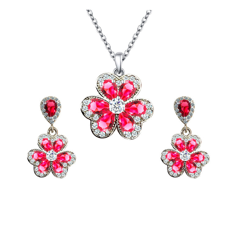 18K White Gold Created Ruby White Sapphire Flower Necklace And Earrings Set Plated Image 1