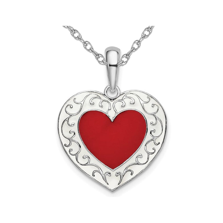 Heart Shaped Red Enamel Pendant Necklace in Sterling Silver with Chain Image 1