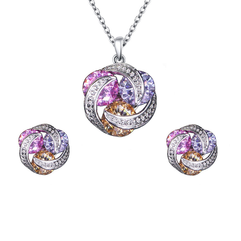 18K White Gold Multicolor Created Amethyst Pink Champagne And White Sapphire Necklace And Earrings Set Plated Image 1