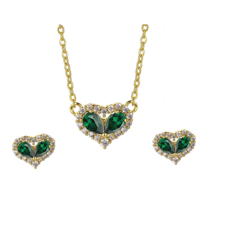 18K Yellow Gold Love Heart Created Emerald Necklace And Earrings Set Plated Image 1