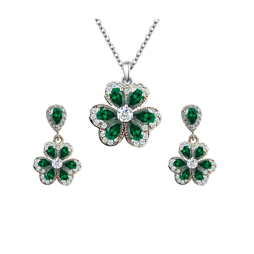 18K White Gold Created Emerald White Sapphire Flower Necklace And Earrings Set Plated Image 1
