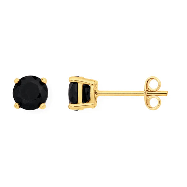 14k Yellow Solid Gold Created Black Sapphire Round Stud Earrings 3mm Image 1