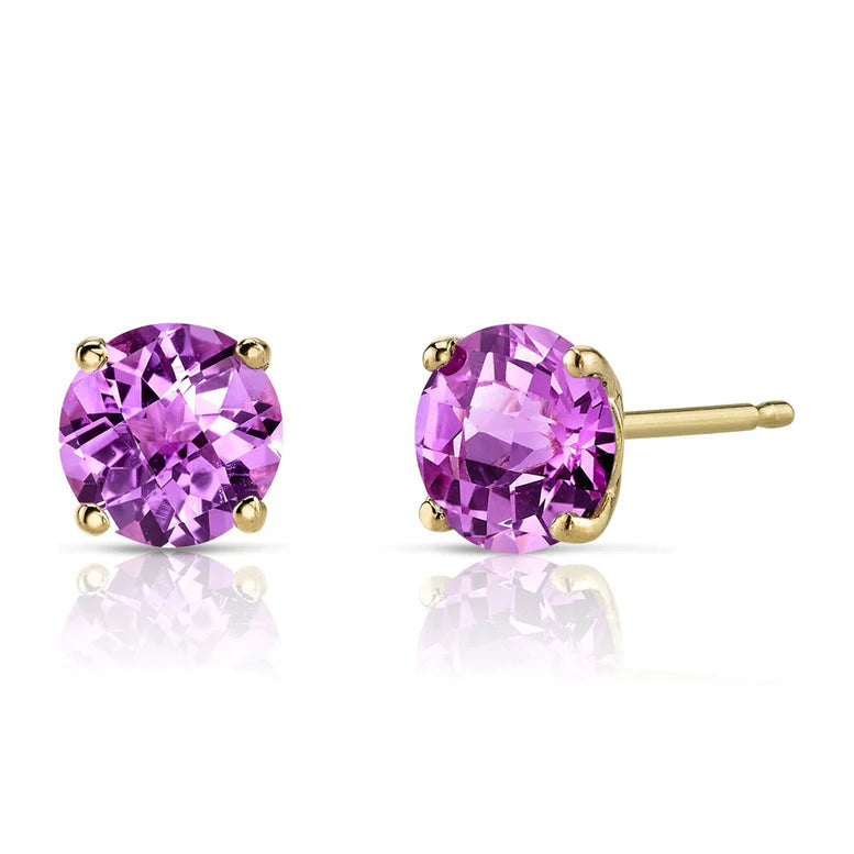 14k Yellow Solid Gold Created Pink Sapphire Round Stud Earrings 3mm Image 1