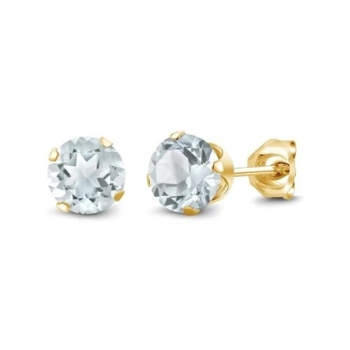 14k Yellow Solid Gold Created Aquamarine Round Stud Earrings 3mm Image 1