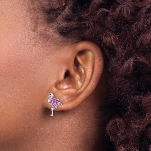 Sterling Silver Rhodium-plated Pink Crystal Flamingo Post Earrings Image 4