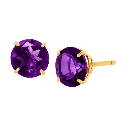 14k Yellow Solid Gold Created Amethyst Round Stud Earrings 3mm Image 1