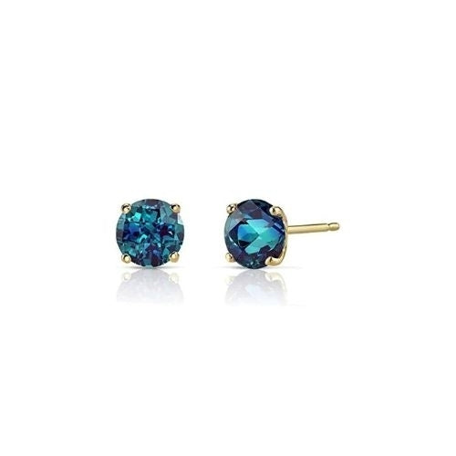 14k Yellow Solid Gold Created Alexandrite Round Stud Earrings 3mm Image 1