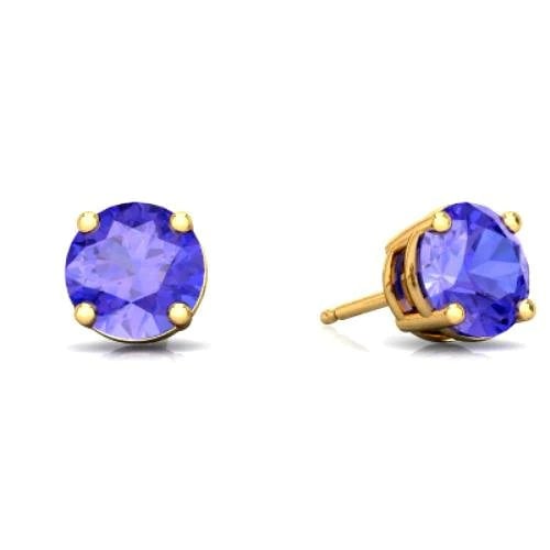 14k Yellow Solid Gold Created Tanzanite Round Stud Earrings 3mm Image 1