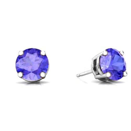 14k White Solid Gold Created Tanzanite Round Stud Earrings 3mm Image 1