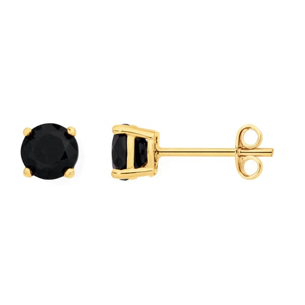 14k Yellow Solid Gold Created Black Sapphire Round Stud Earrings 4mm Image 1