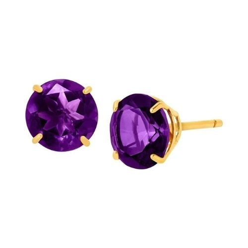 14k Yellow Solid Gold Created Amethyst Round Stud Earrings 4mm Image 1