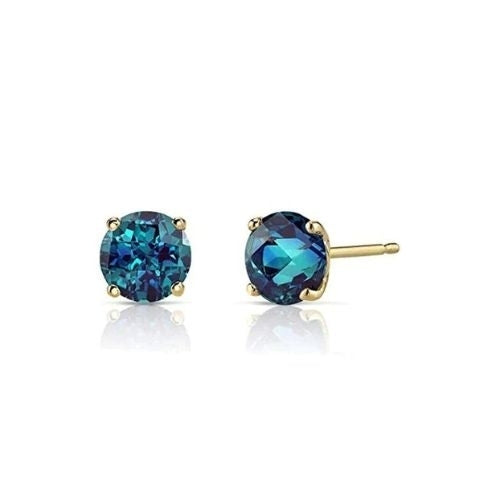 14k Yellow Solid Gold Created Alexandrite Round Stud Earrings 4mm Image 1