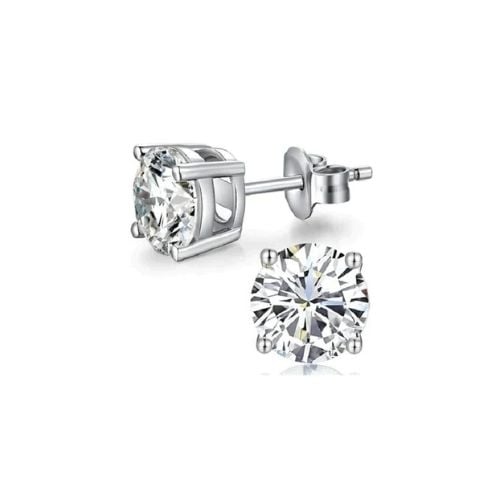 14k White Solid Gold Created White Sapphire Round Stud Earrings 4mm Image 1
