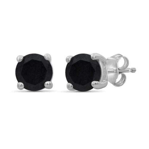 14k White Solid Gold Created Black Sapphire Round Stud Earrings 4mm Image 1