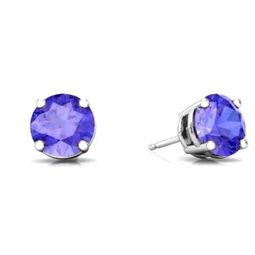 14k White Solid Gold Created Tanzanite Round Stud Earrings 4mm Image 1