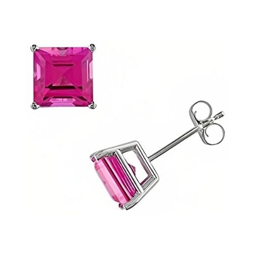 18k White Gold Plated 1/4 Carat Princess Cut Created Pink Sapphire Stud Earrings 4mm Image 1